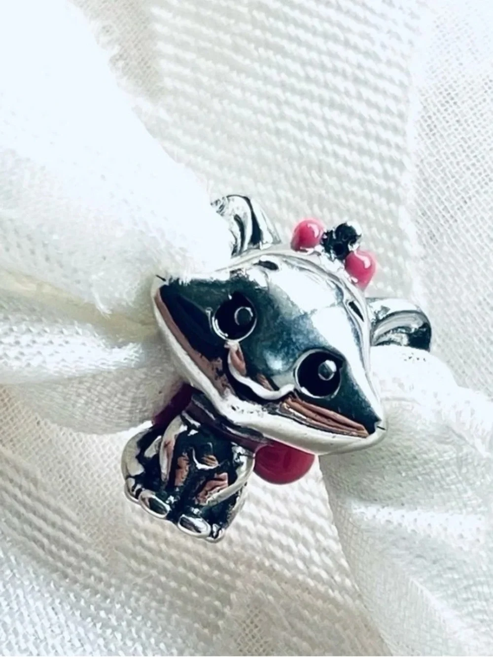 Silver Fox Kids Charm with Pink Bow